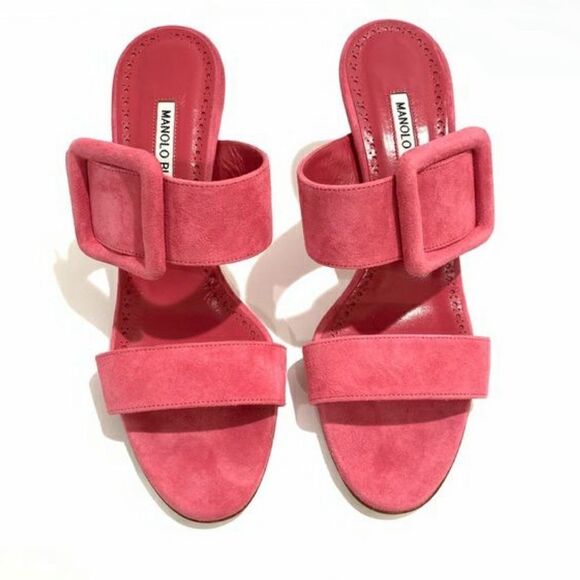 Manolo Blahnik Gable Suede Open Toe Buckle Mules in Dred Size 36 MSRP $845 - Picture 4 of 9